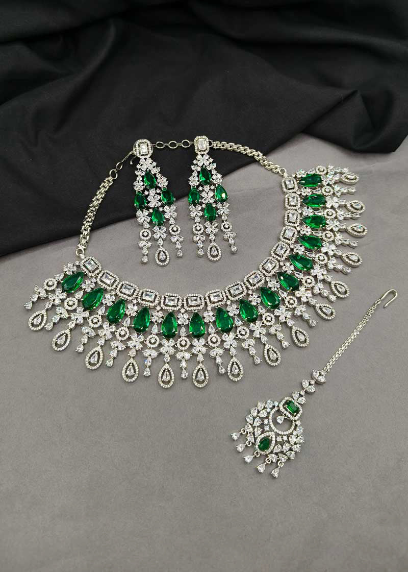 Royal Green Teardrop And Cubic Zircon Silver Plated Choker Set With Maang Tikka