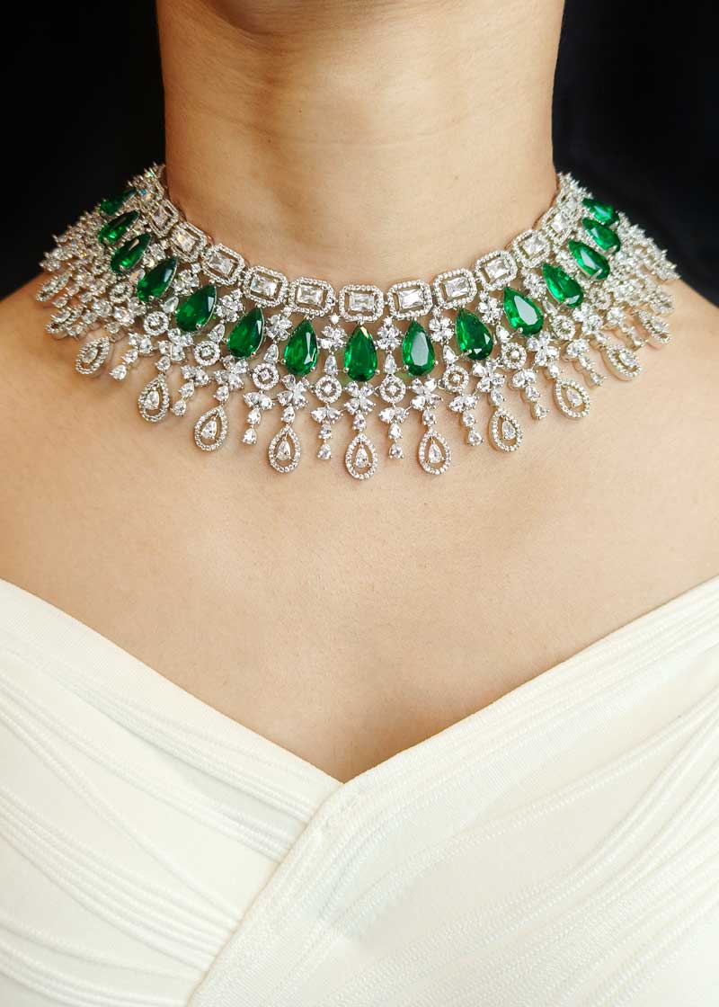 Royal Green Teardrop And Cubic Zircon Silver Plated Choker Set With Maang Tikka