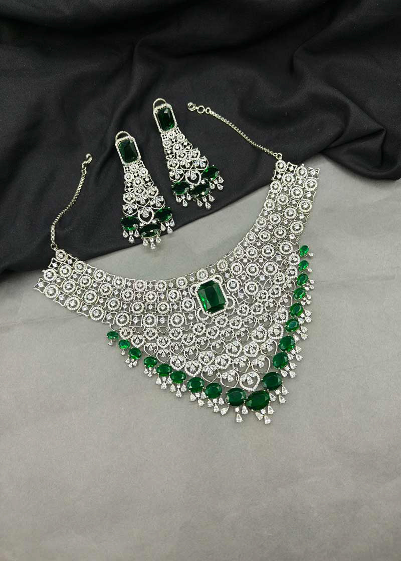 Large Emerald And Cubic Zircon Silver Plated Floral Choker Style Necklace Set