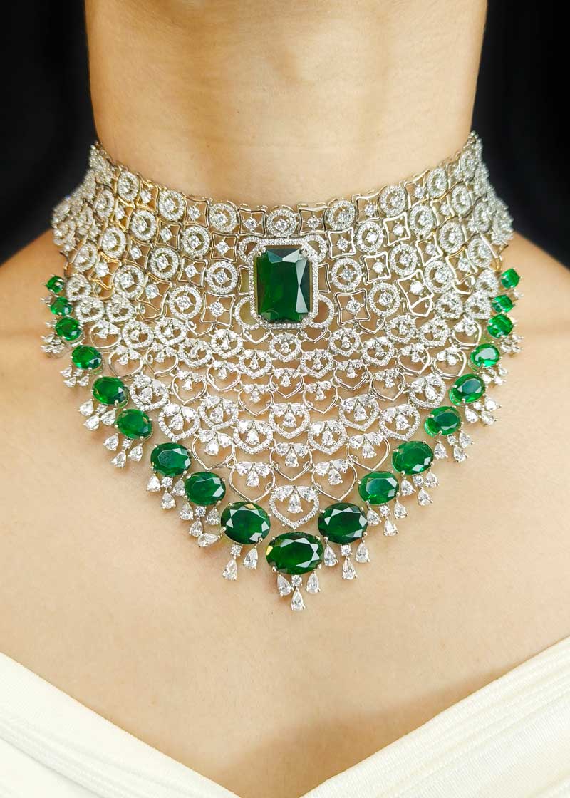 Large Emerald And Cubic Zircon Silver Plated Floral Choker Style Necklace Set