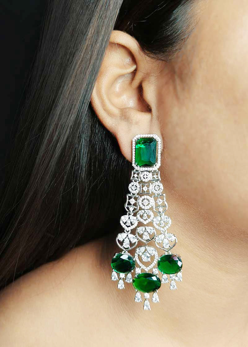 Large Emerald And Cubic Zircon Silver Plated Floral Choker Style Necklace Set