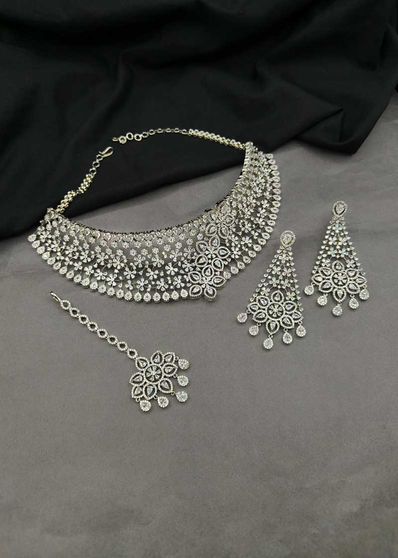 Delicate Floral Lace Cubic Zircon Silver Plated Choker Set With Maang Tikka