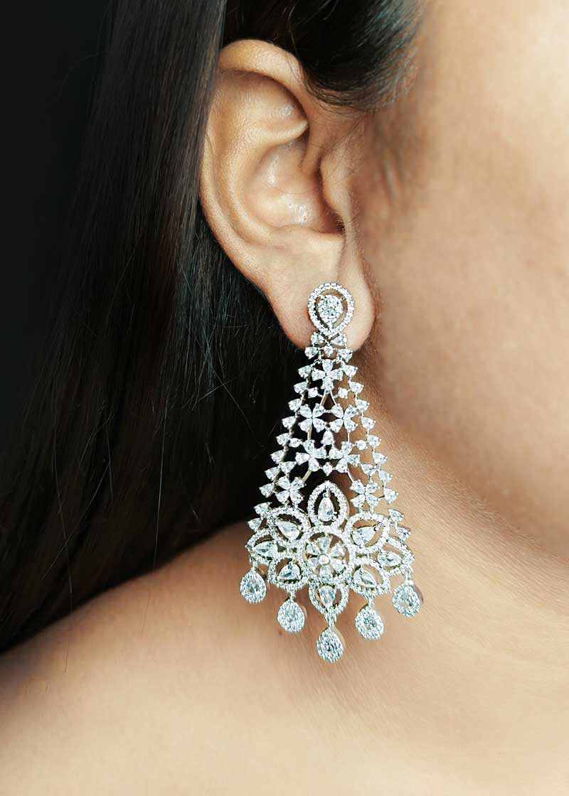 Delicate Floral Lace Cubic Zircon Silver Plated Choker Set With Maang Tikka