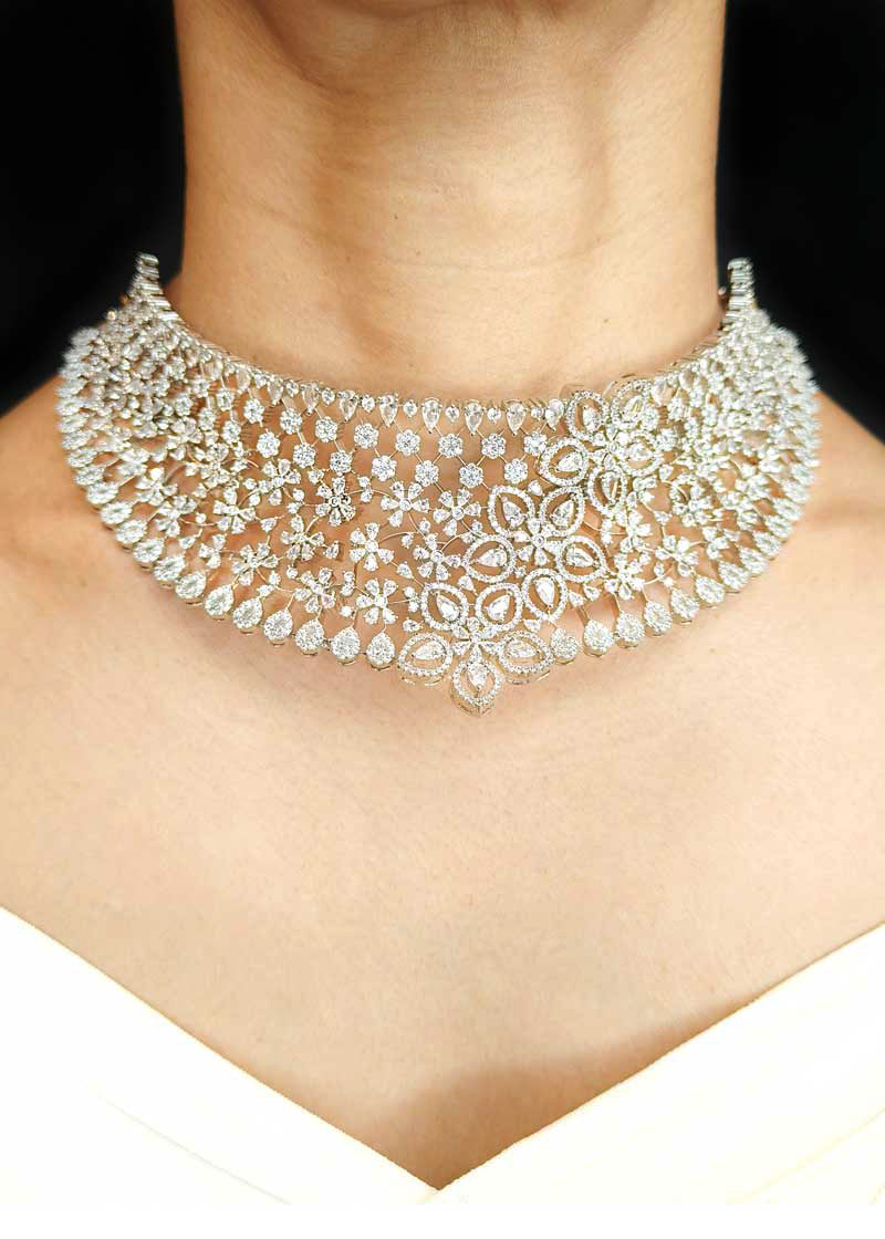 Delicate Floral Lace Cubic Zircon Silver Plated Choker Set With Maang Tikka
