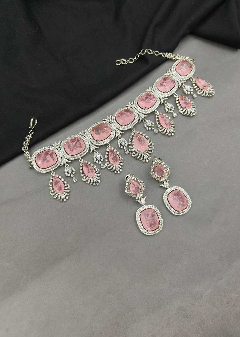 Elegant Teardrop Pestle Pink Cubic Zircon Silver Plated Choker Necklace Set