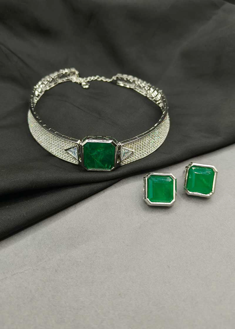 Modern Geometric Green Emerald Cubic Zircon Silver Plated Choker Necklace Set