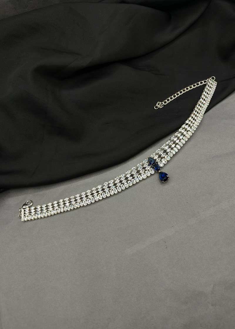 Marquise Cut Multi Row Lace Diamond Silver Plated Choker Necklace Set