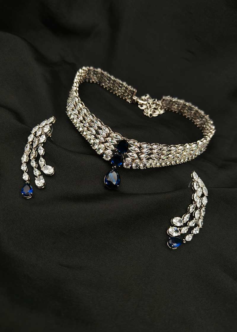 Marquise Cut Multi Row Lace Diamond Silver Plated Choker Necklace Set