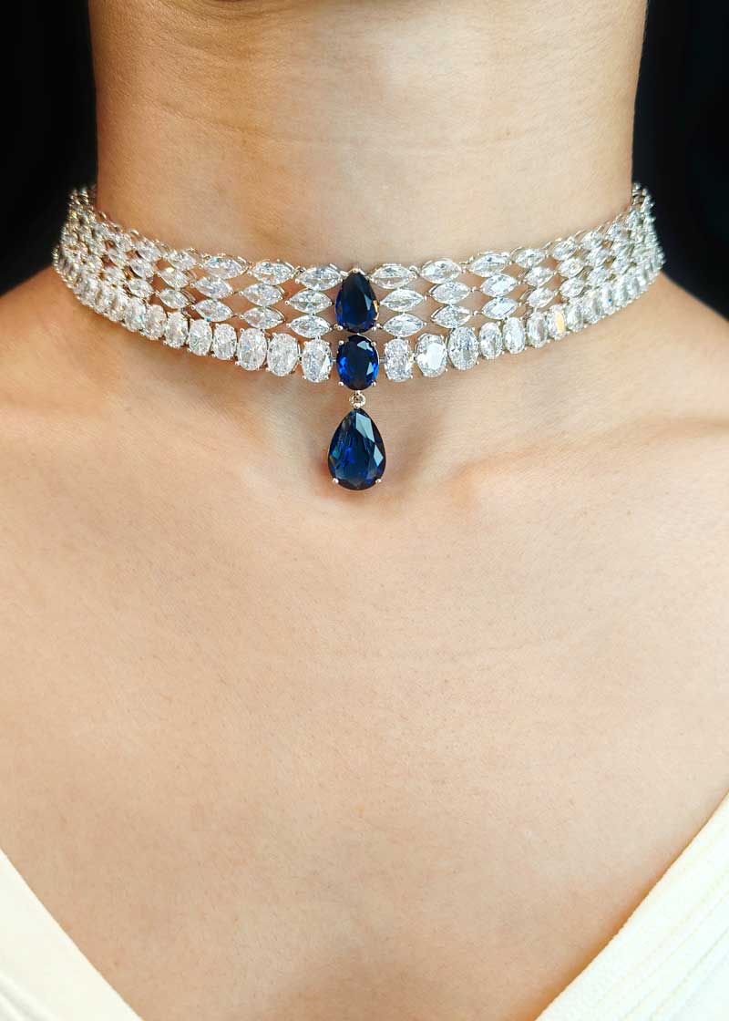 Marquise Cut Multi Row Lace Diamond Silver Plated Choker Necklace Set