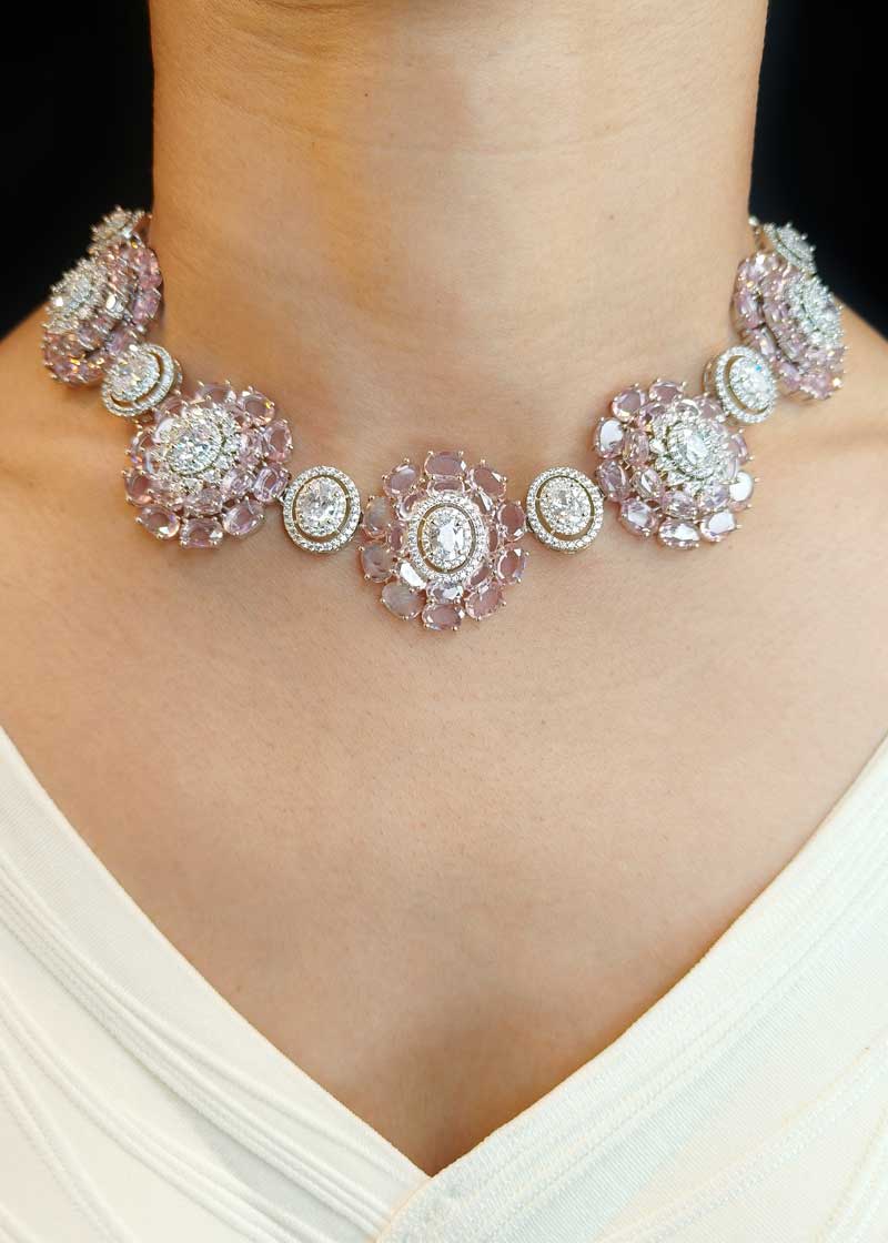 Pastel Pink Traditional Floral Design Silver Plated Diamond Choker Necklace Set