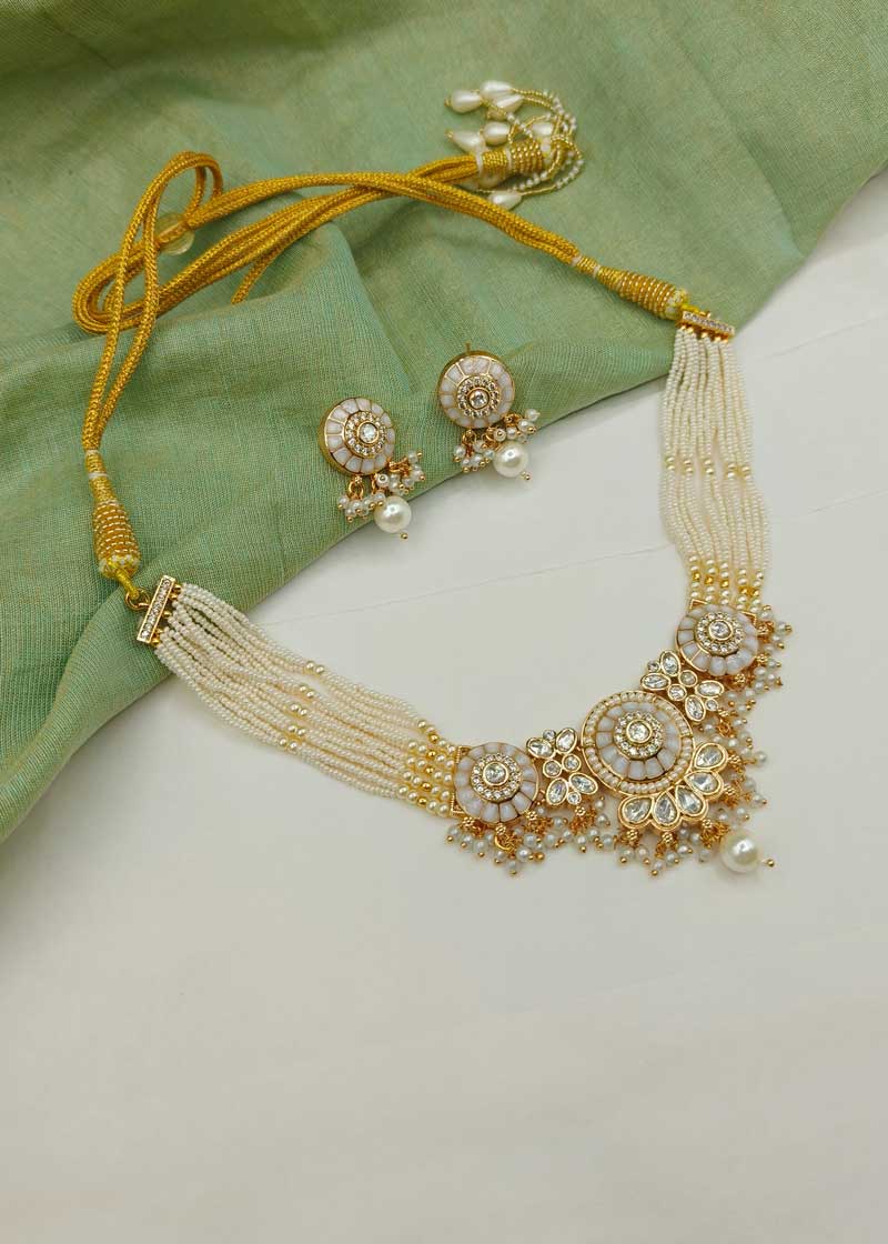 Gold Plated Kundan And Cubic Zircon With Pearl Meenakari Choker Necklace Set