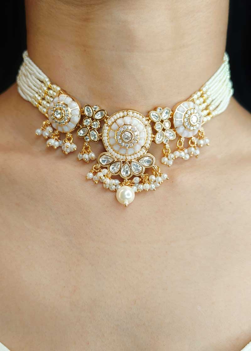 Gold Plated Kundan And Cubic Zircon With Pearl Meenakari Choker Necklace Set