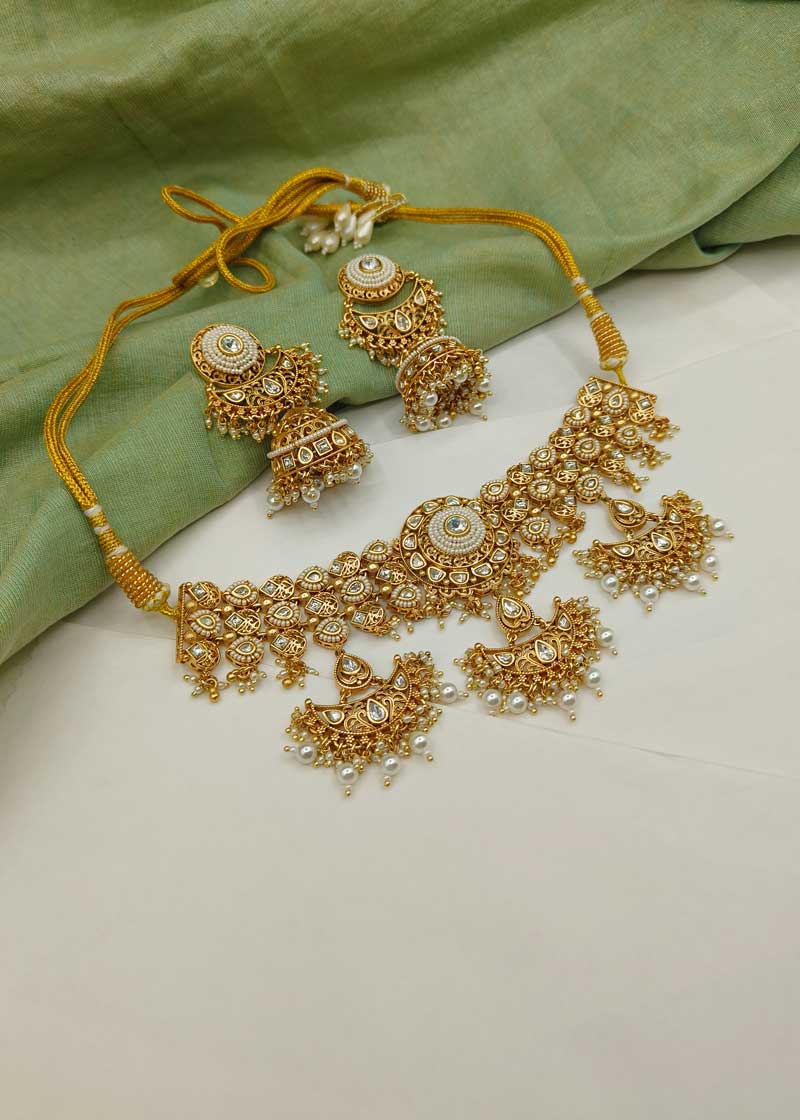 Traditional Gold Plated Kundan And Pearl Choker Necklace Set With Chandbali Jhumka Earrings