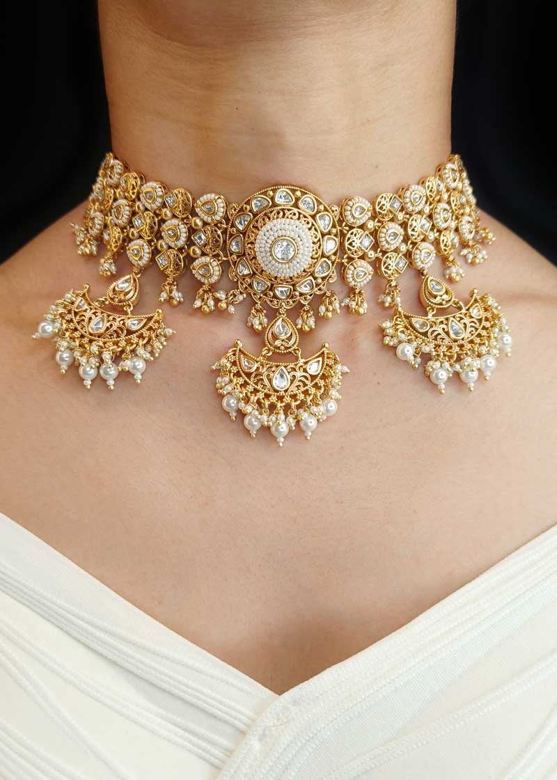 Traditional Gold Plated Kundan And Pearl Choker Necklace Set With Chandbali Jhumka Earrings