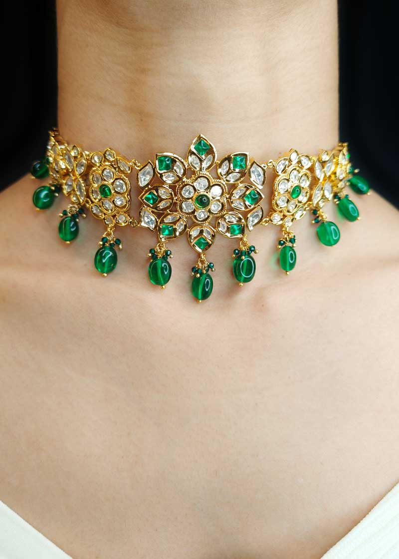 Floral Kundan Work Gold Plated Choker Necklace Set