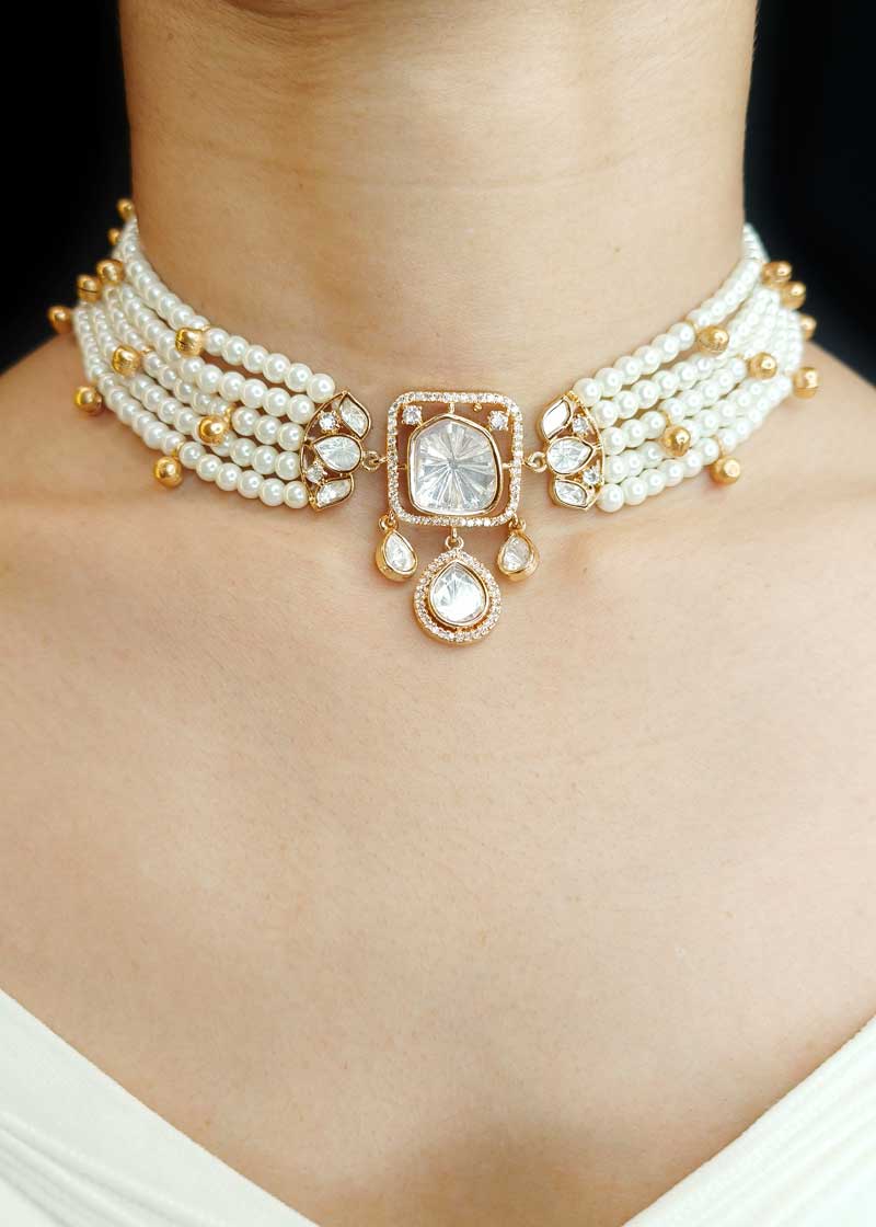 Stunning Multi Strand Pearl With Gold Plated Kundan And Cubic Zircon Choker Necklace Set