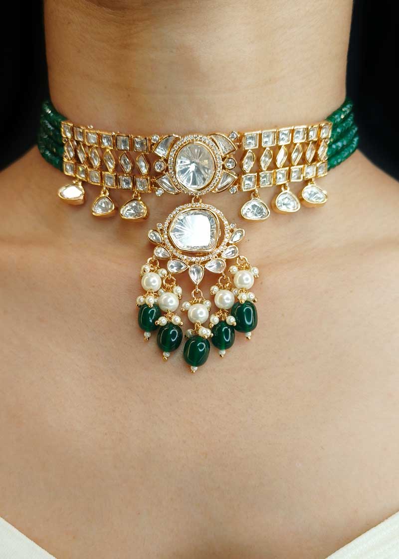 Classic Green Bead With Gold Plated Kundan And Cubic Zircon Choker Necklace Set