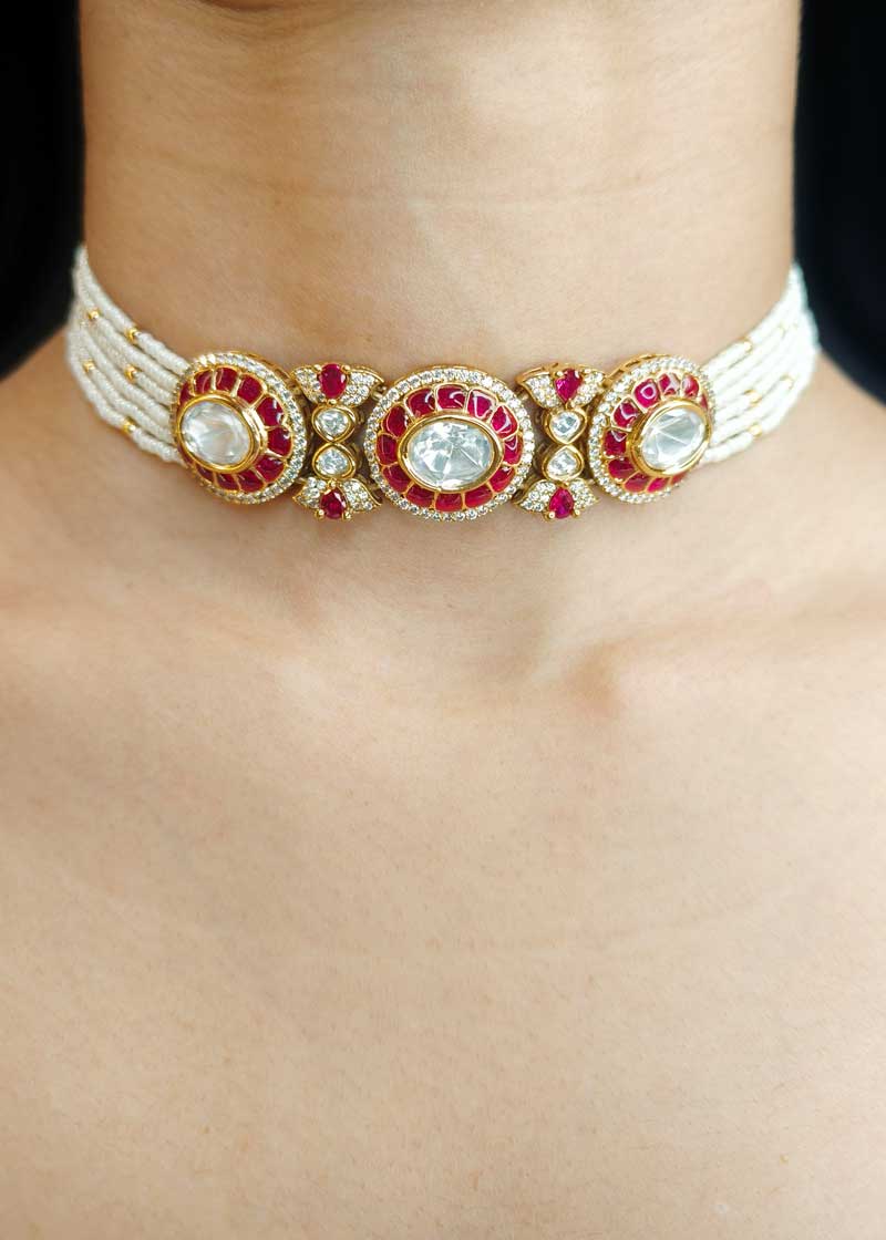 Heritage Kundan Cubic Zircon And Pearl Layered Gold Plated Choker Necklace Set