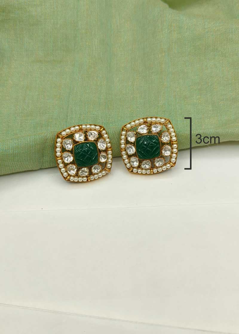 Emerald Green Carved Kundan Polki Gold Plated Choker Necklace Set