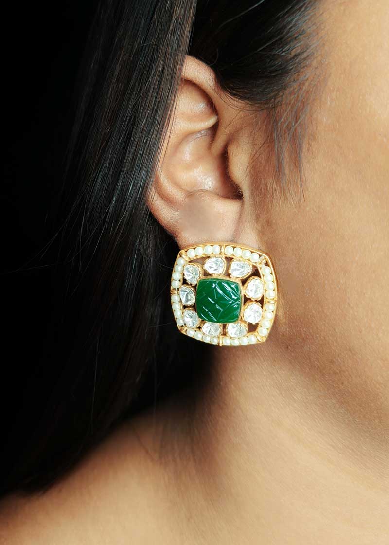 Emerald Green Carved Kundan Polki Gold Plated Choker Necklace Set