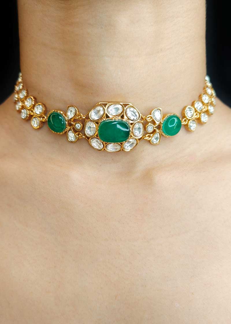 Kundan Polki Gold Plated Choker Necklace Set With Side Pearl Strands