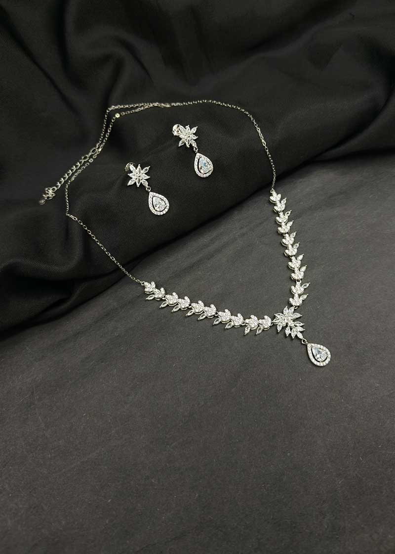 92.5 Sterling Silver Elegant Floral Motif Marquise Diamond Necklace Set