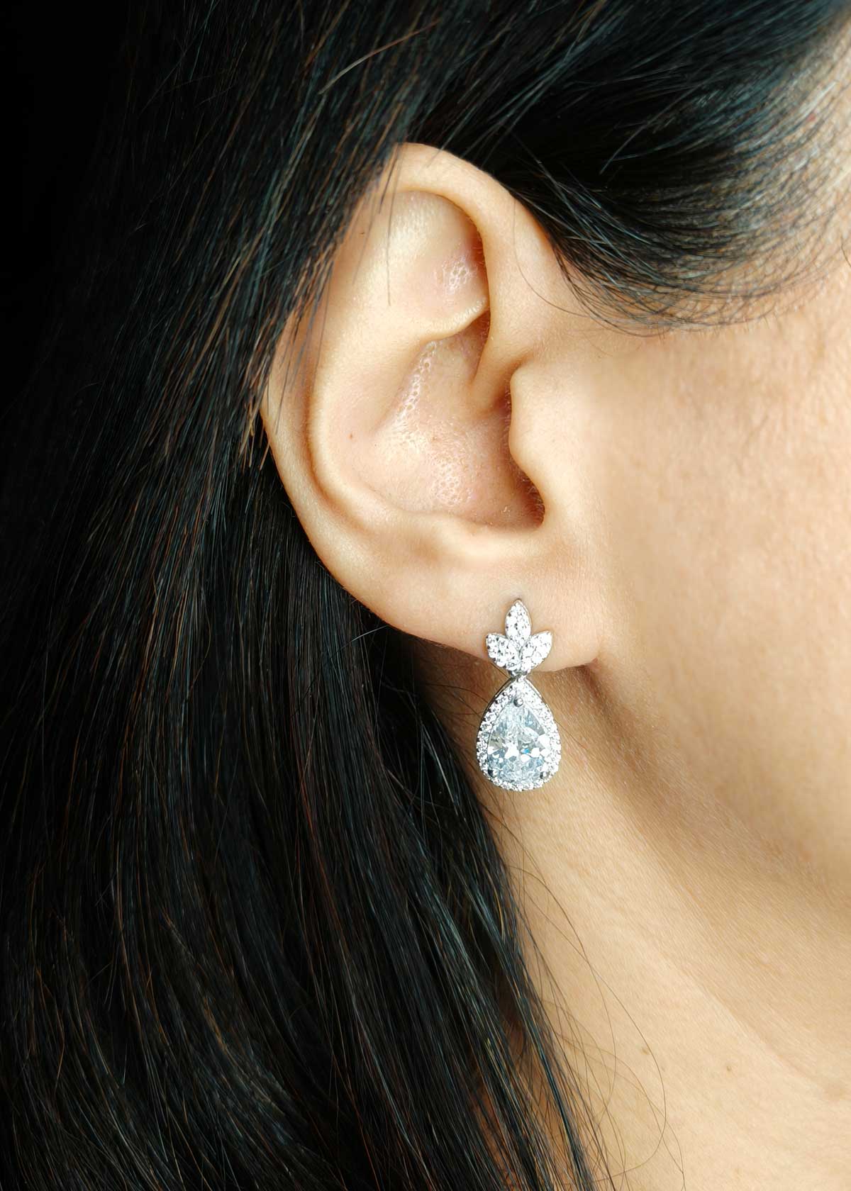 92.5 Sterling Silver Double Teardrop  Pendant Cubic Zircon Necklace Set