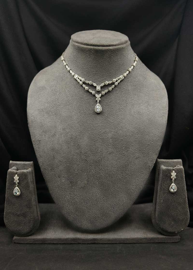 92.5 Sterling Silver Double Layer Drop Shape Cubic Zircon Necklace Set
