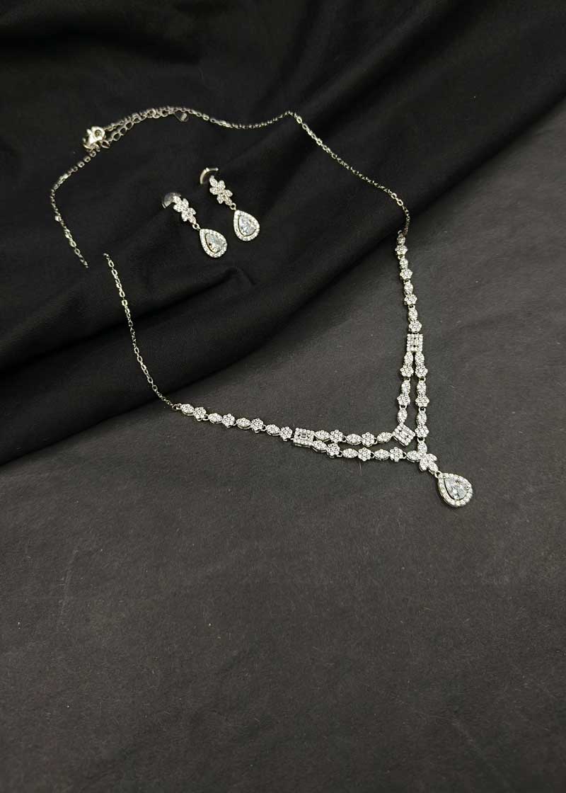 92.5 Sterling Silver Double Layer Drop Shape Cubic Zircon Necklace Set