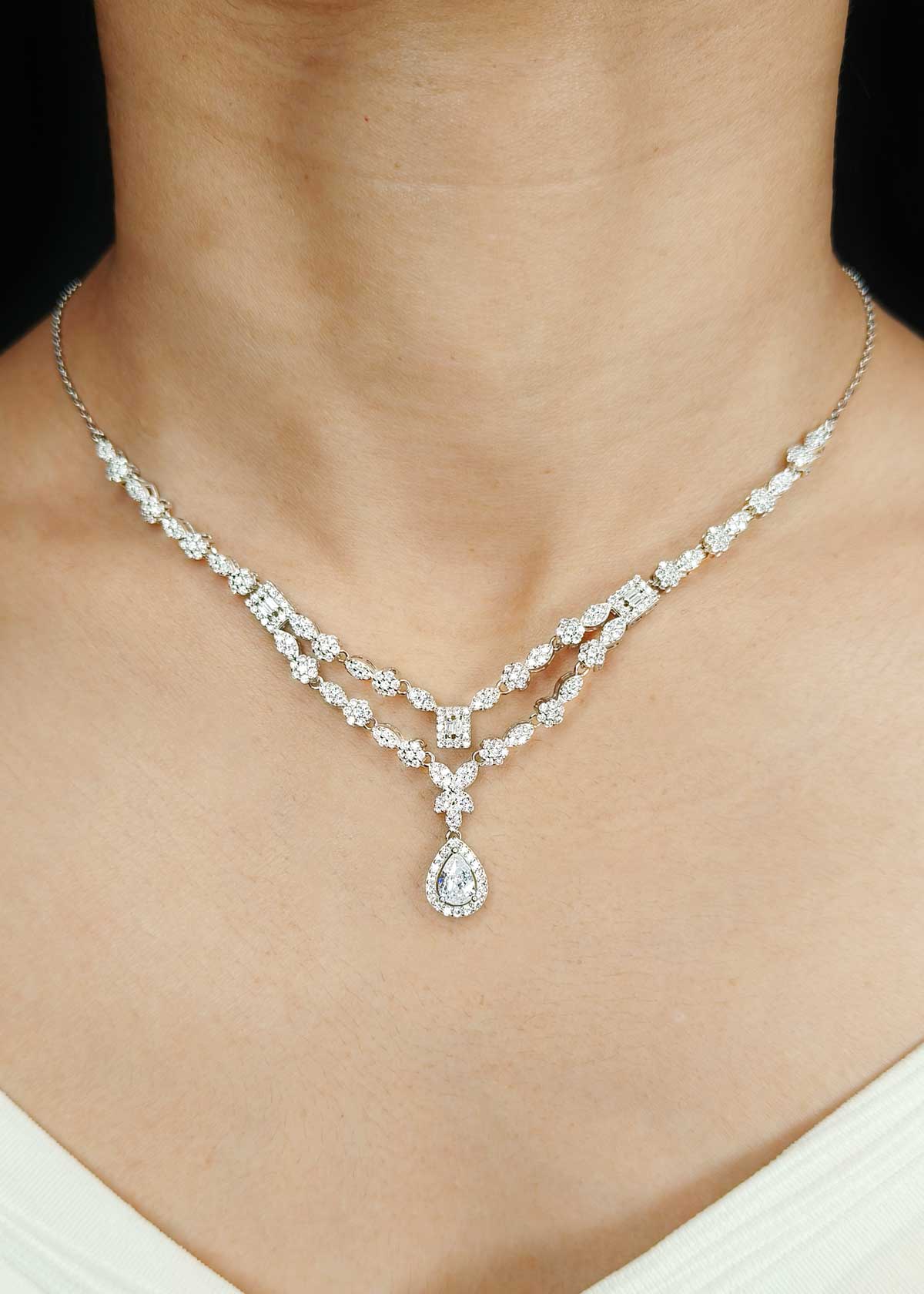 92.5 Sterling Silver Double Layer Drop Shape Cubic Zircon Necklace Set