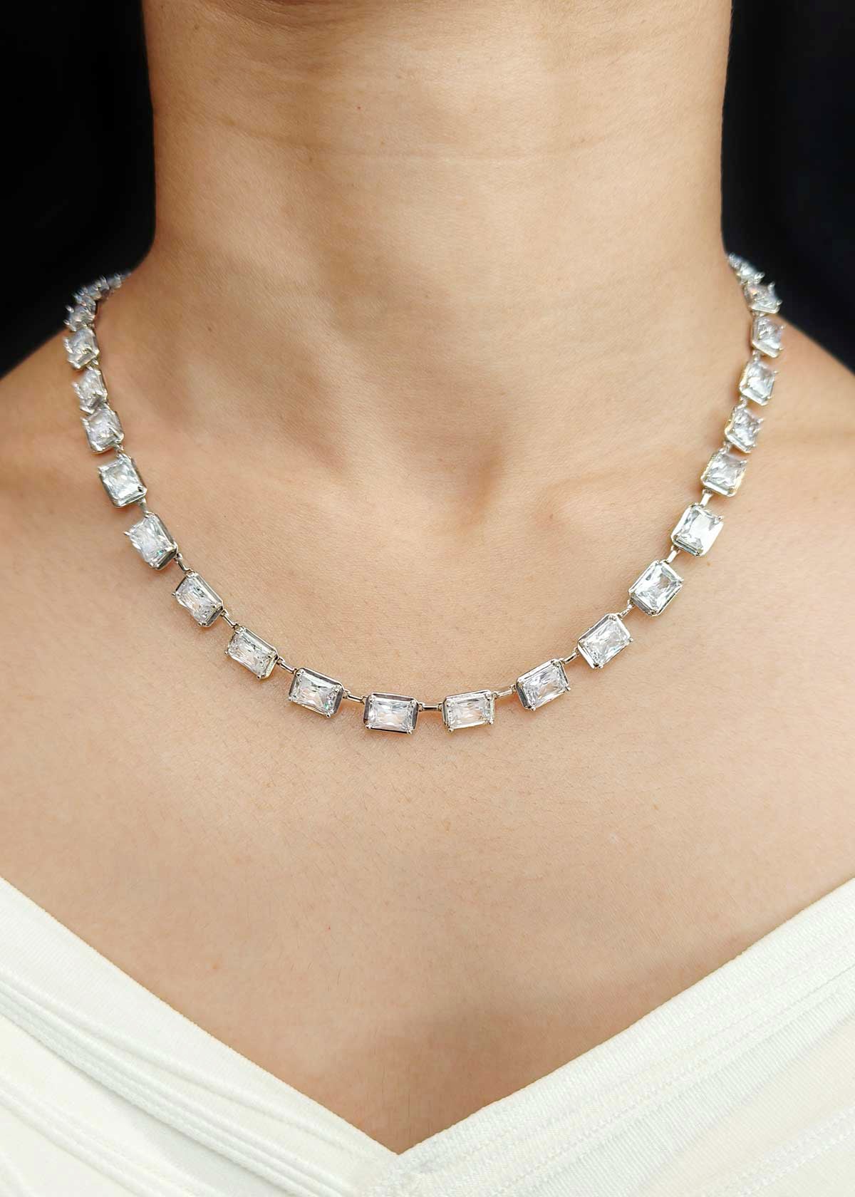 92.5 Sterling Silver Rectangular Cubic Zircon Necklace Set