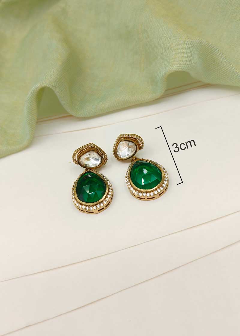 Regal Tear Drop Emerald, Cubic Zircon And Kundan Matte Gold Plated  Layered Pendant Set With Chain