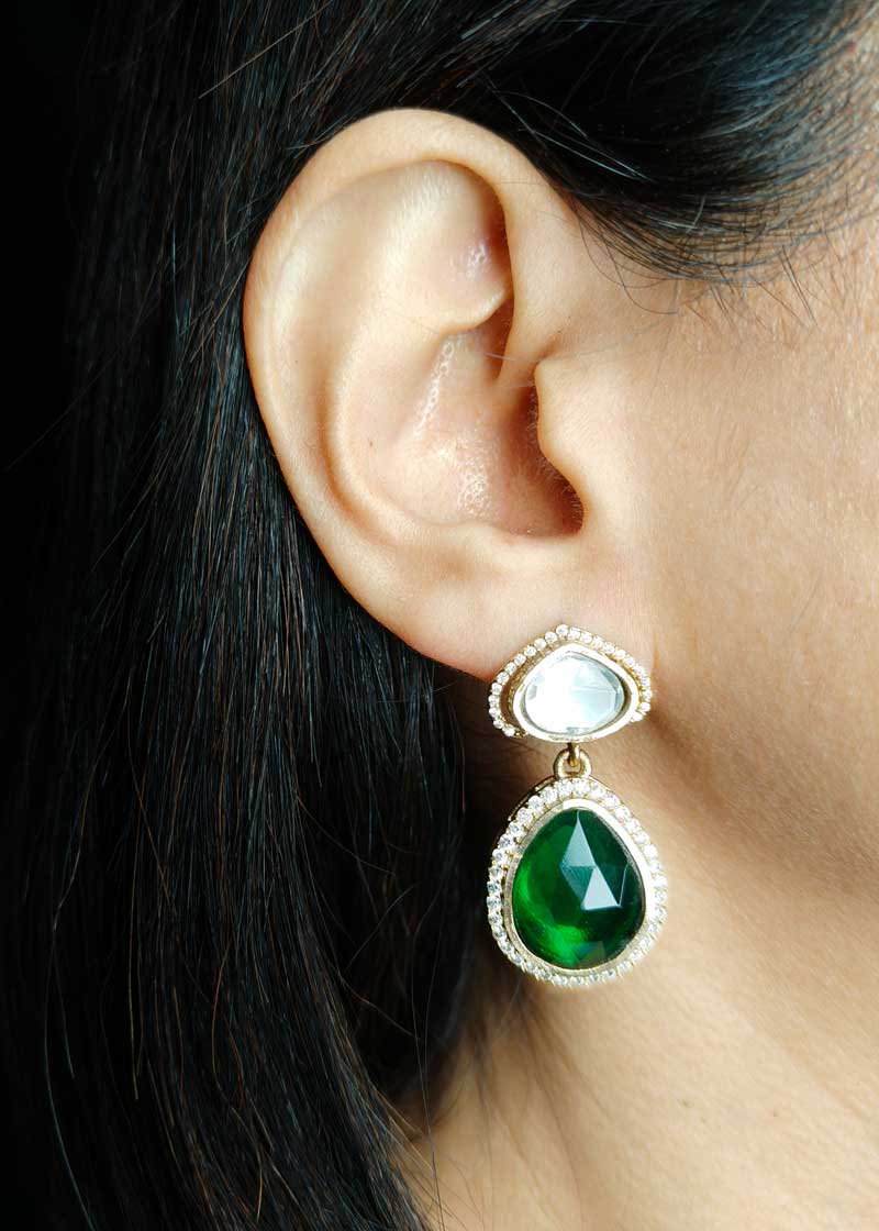 Regal Tear Drop Emerald, Cubic Zircon And Kundan Matte Gold Plated  Layered Pendant Set With Chain