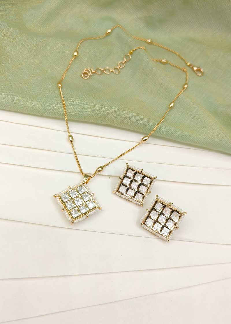 Modern Square Cut Kundan And Seed Pearl Gold Plated Pendant Set With Chain