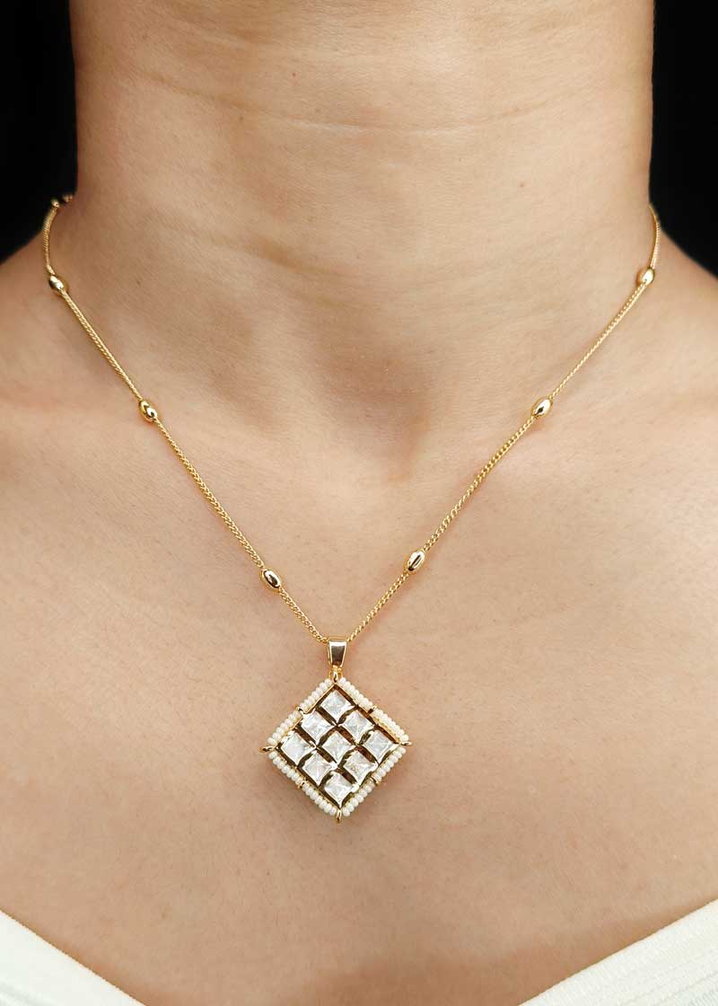 Modern Square Cut Kundan And Seed Pearl Gold Plated Pendant Set With Chain