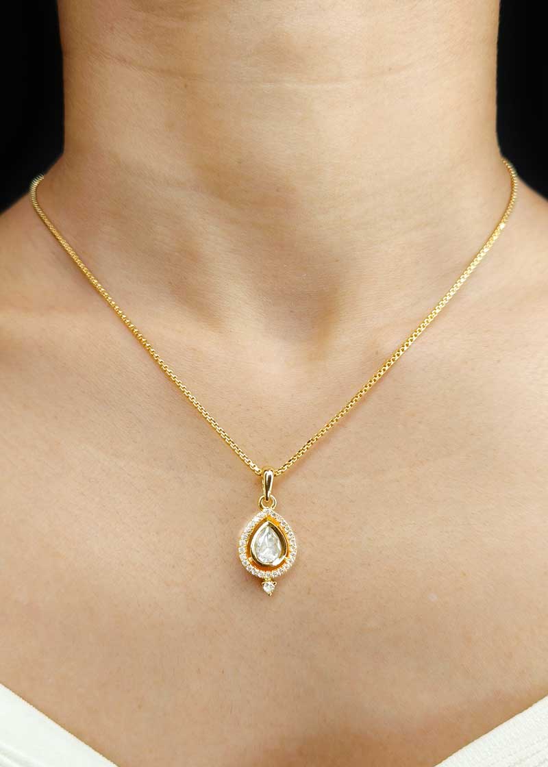Delicate Gold Plated Teardrop Kundan And Cubic Zircon Pendant Set With Chain