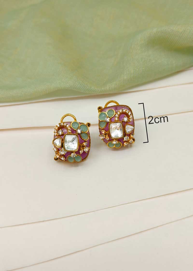 Royal Floral Pattern Purple Kundan And Cubic Zircon Gold Plated Pendant Set With Chain