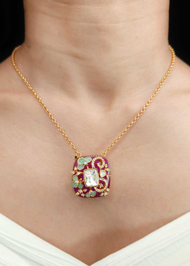 Royal Floral Pattern Purple Kundan And Cubic Zircon Gold Plated Pendant Set With Chain
