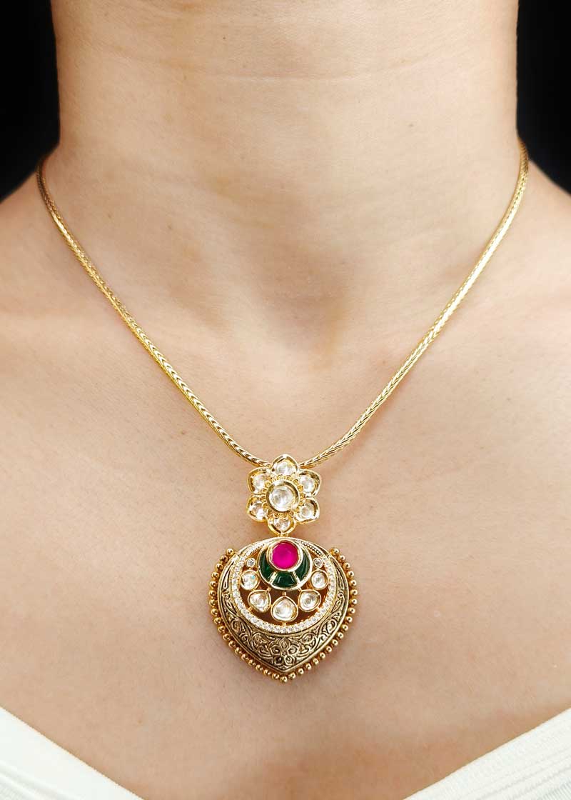 Traditional Floral Drop Shape Engraved Matt Gold Kundan & Cubic Zircon Pendant Set With Chain
