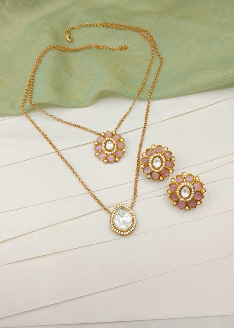 Dual Layer Kundan And Cubic Zircon Floral Pendant Set With Double Chain