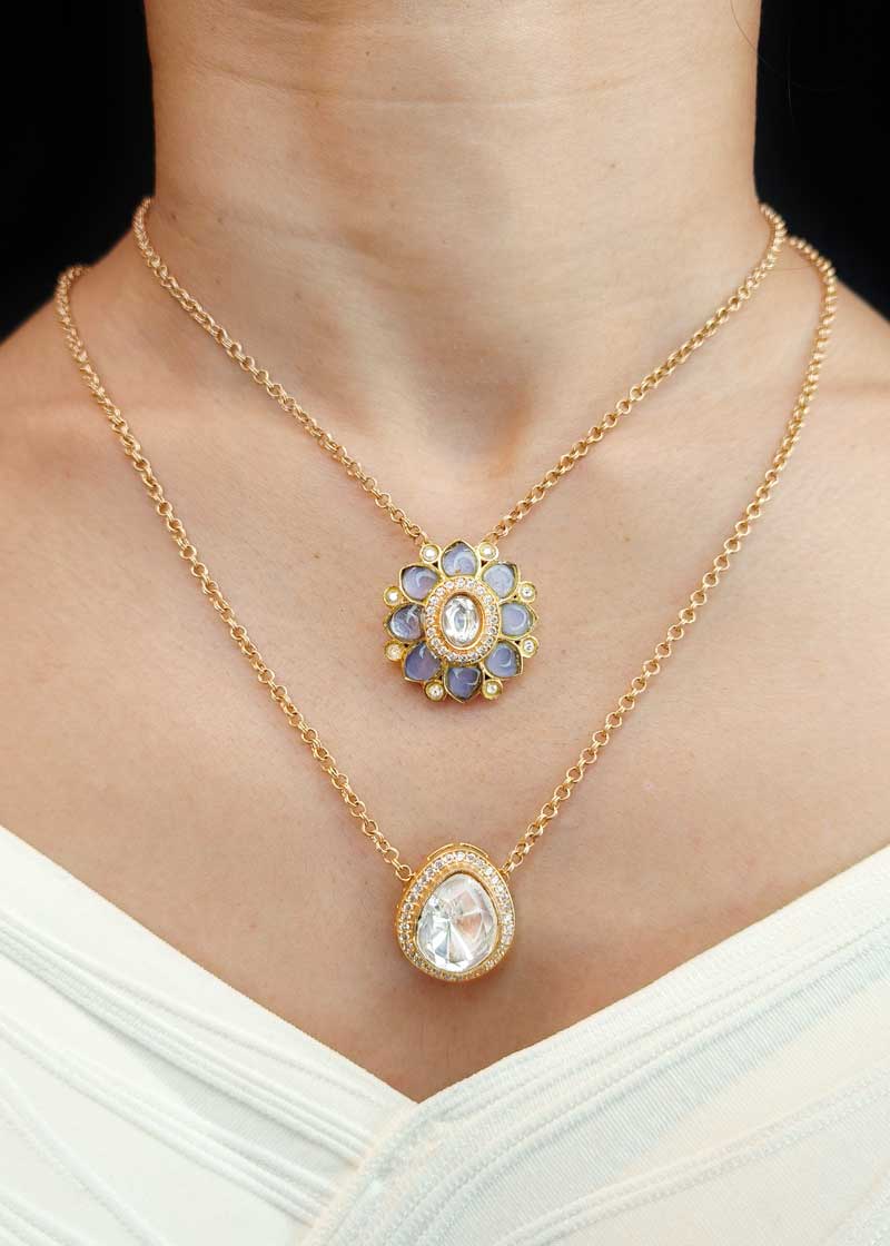 Dual Layer Kundan And Cubic Zircon Floral Pendant Set With Double Chain