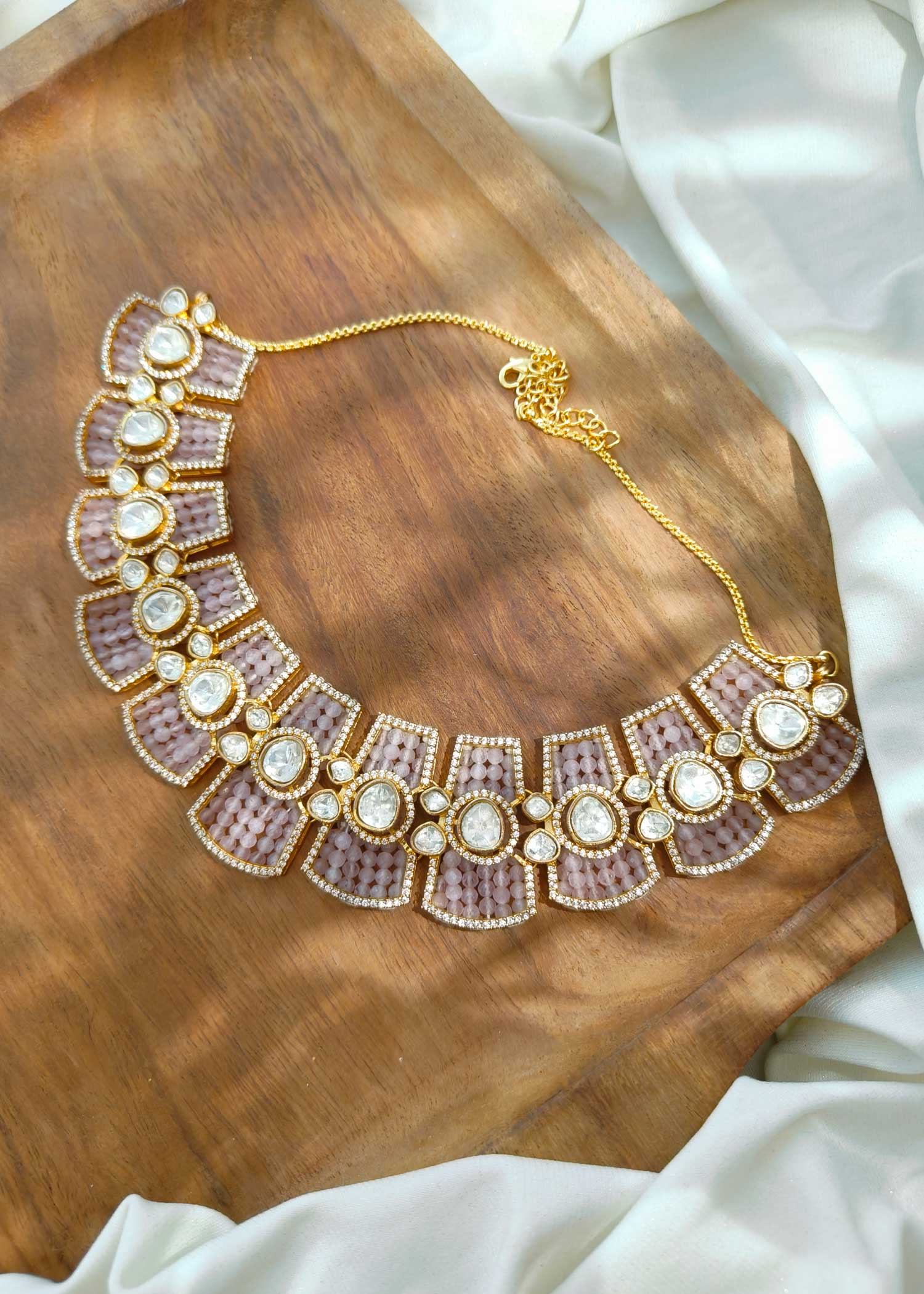 Gold Plated Designer Light Pink Beaded Kundan Necklace Set