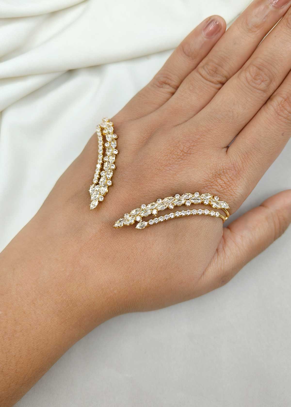 Luxurious Gold Plated Marquise Diamond And Cubic Zircon Hand Cuff Palm Bracelet