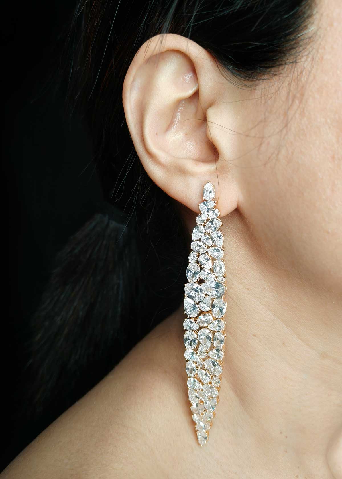 Multi Cut Fancy Geometric Gold Plated Diamond Long Earrings