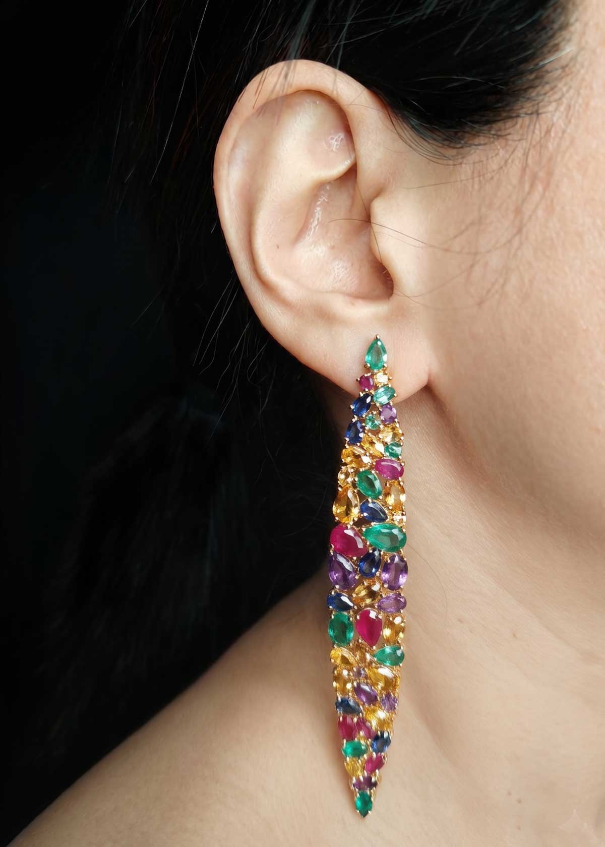 Multi Cut Fancy Geometric Gold And Silver Plated Diamond Long Earrings