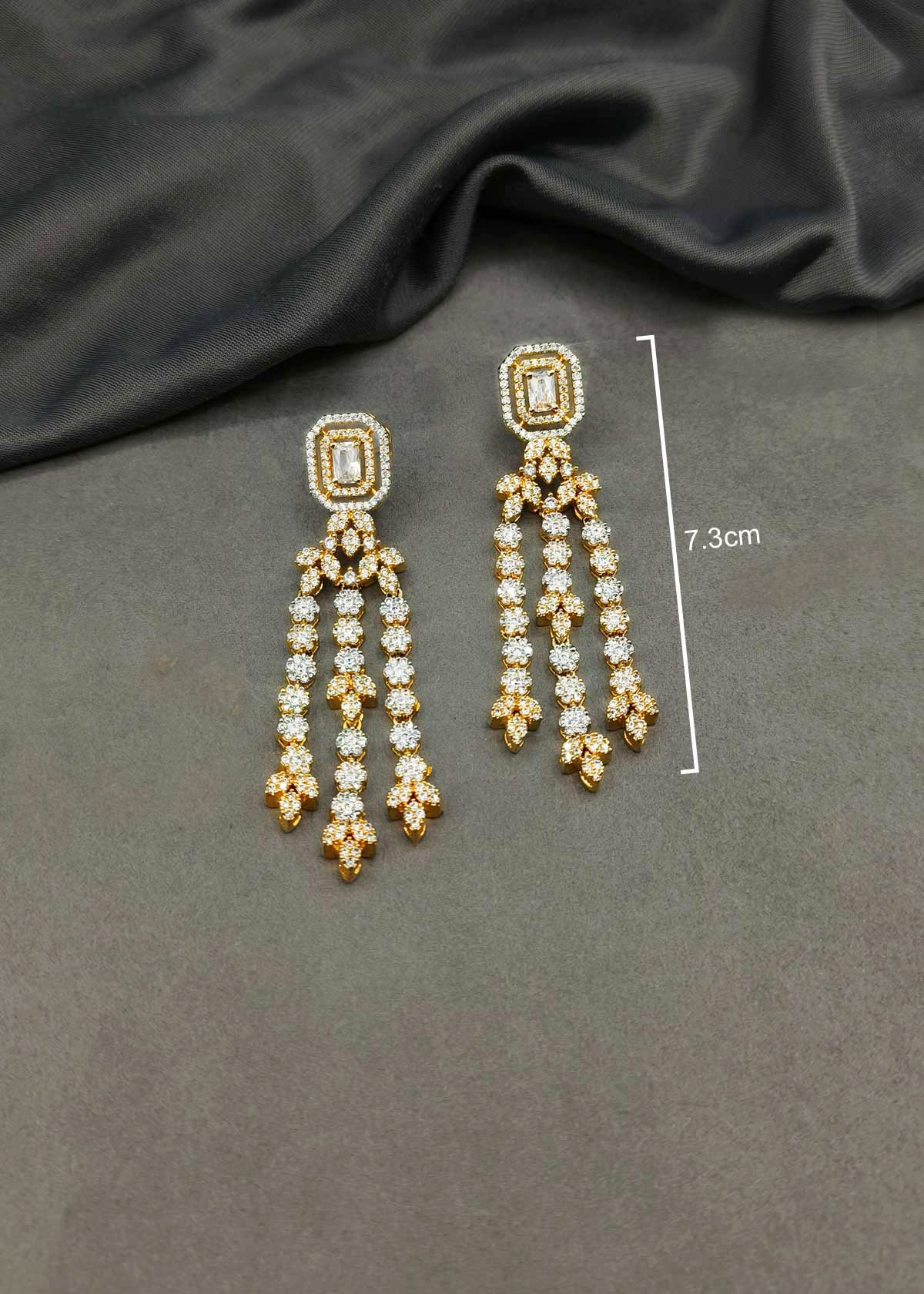 Gold And Silver Plated Cubic Zircon Three Strand Long Earrings