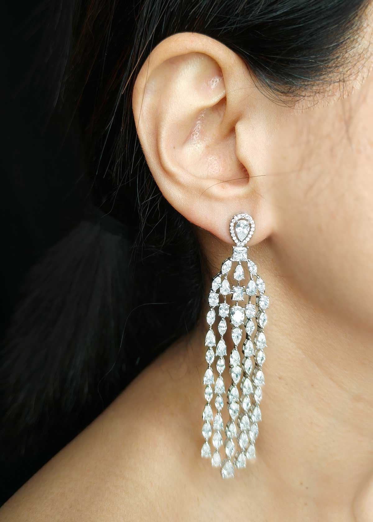 Brilliance Silver Plated Cubic Zircon Marquise Diamond Chandelier Earrings