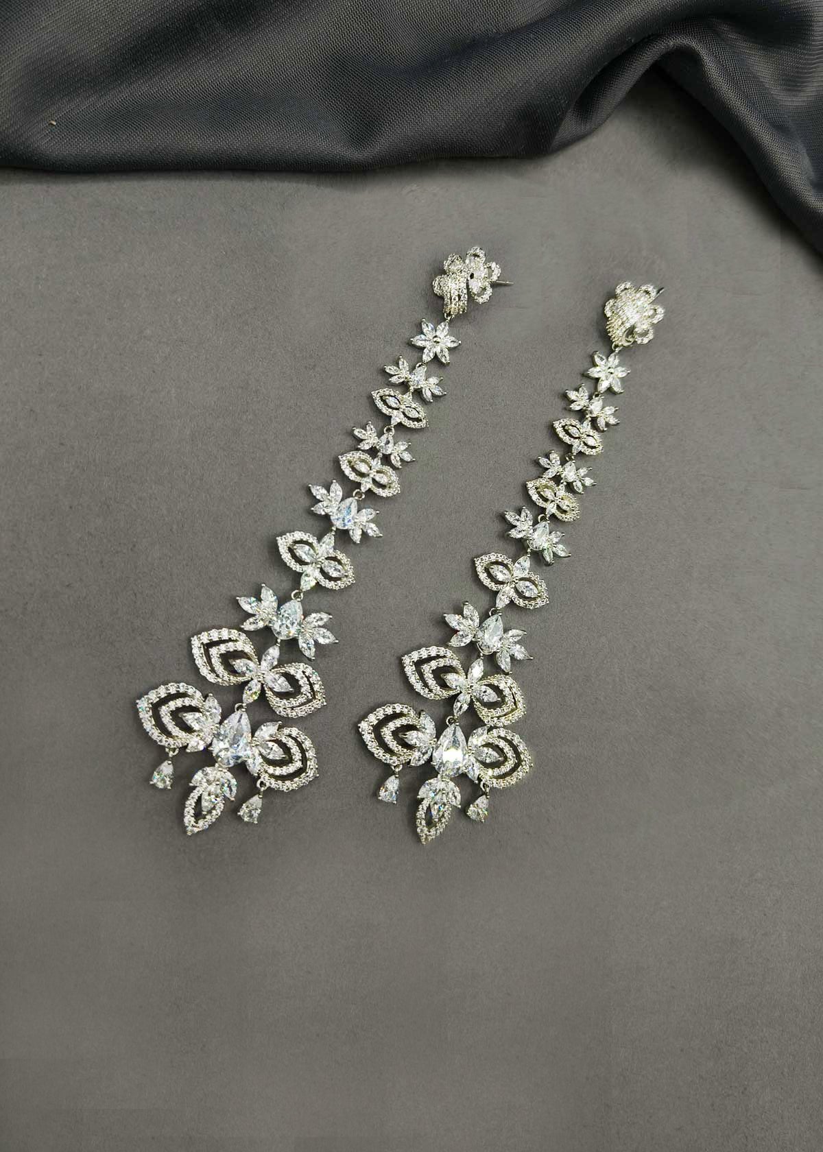 Floral Majesty Silver Plated Marquise Diamond Extra Long Earrings