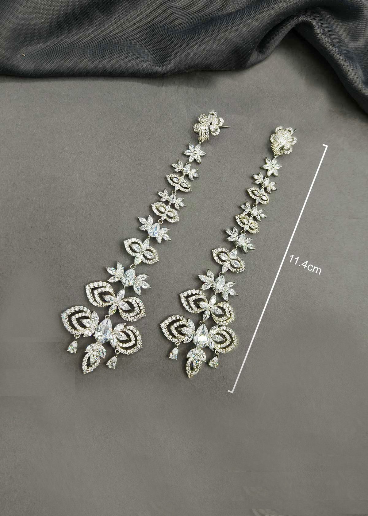Floral Majesty Silver Plated Marquise Diamond Extra Long Earrings