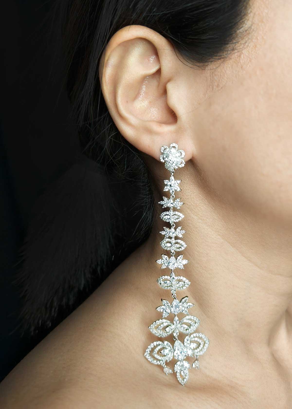 Floral Majesty Silver Plated Marquise Diamond Extra Long Earrings